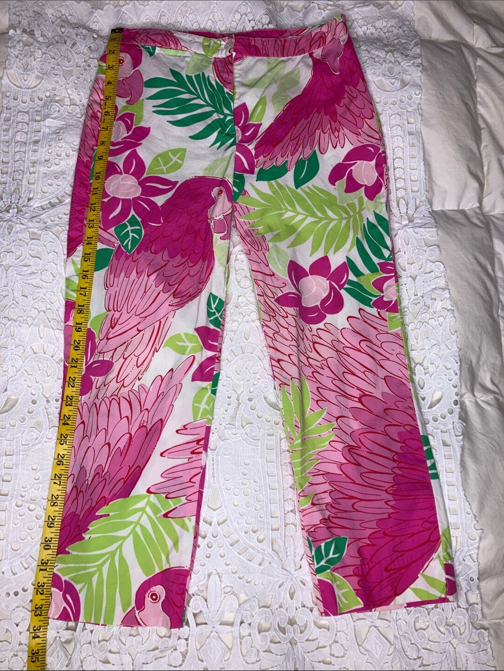Vintage Lilly Pulitzer "Ports of Caw" parrot-print crop pants.